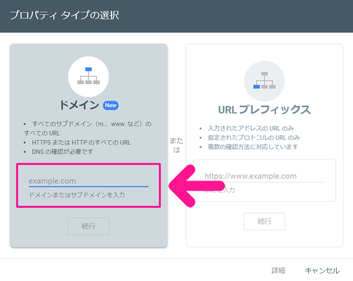 サーチコンソールの初期設定方法 ステップ22：プロパティタイプはドメインを選択する