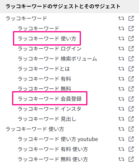 ラッコキーワードの使い方 ステップ18：読者のニーズが似ているサジェストキーワードは組みあわせて記事を書いてもいい