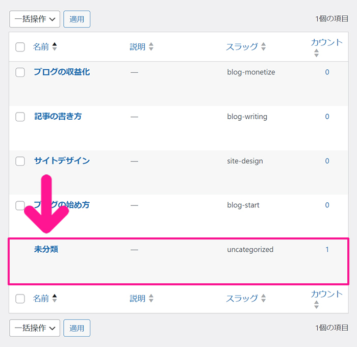 WordPressカテゴリー設定方法 ステップ11：未分類カテゴリーを削除していきます