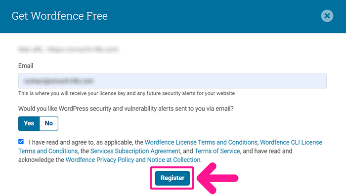 swellおすすめプラグイン Wordfence Securityの使い方 ステップ13：『Register』ボタンをクリックする