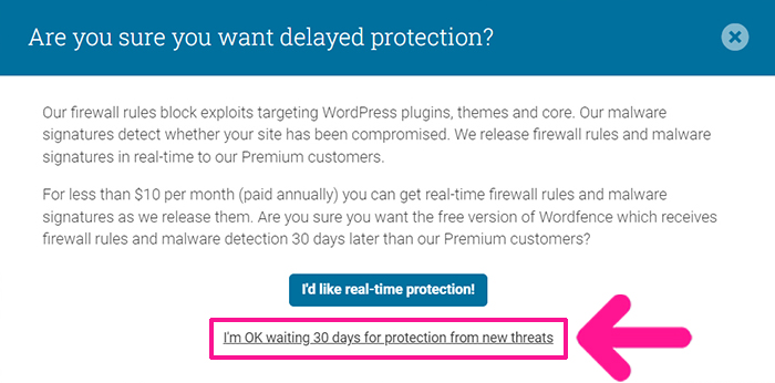 swellおすすめプラグイン Wordfence Securityの使い方 ステップ9：『I'm OK waiting 30 days for protestion from new threats』をクリックする