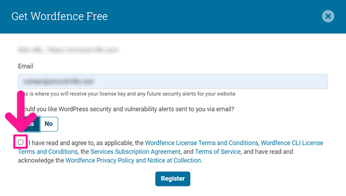 swellおすすめプラグイン Wordfence Securityの使い方 ステップ12：利用規約やプライバシーポリシーを確認してチェックボックスにチェックする