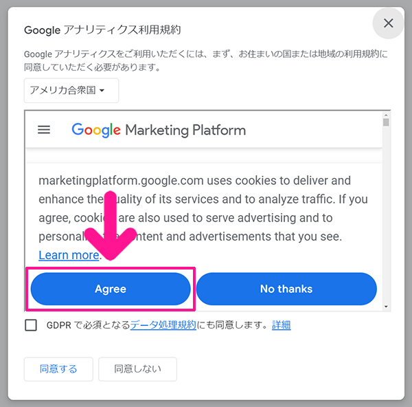 SWELLユーザー向けGoogleアナリティクス設定方法 ステップ23：『Agree』ボタンをクリックする
