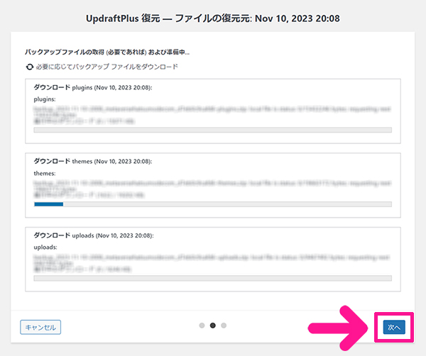 swellおすすめプラグイン UpdraftPlusの使い方 ステップ33：『次へ』ボタンをクリックする